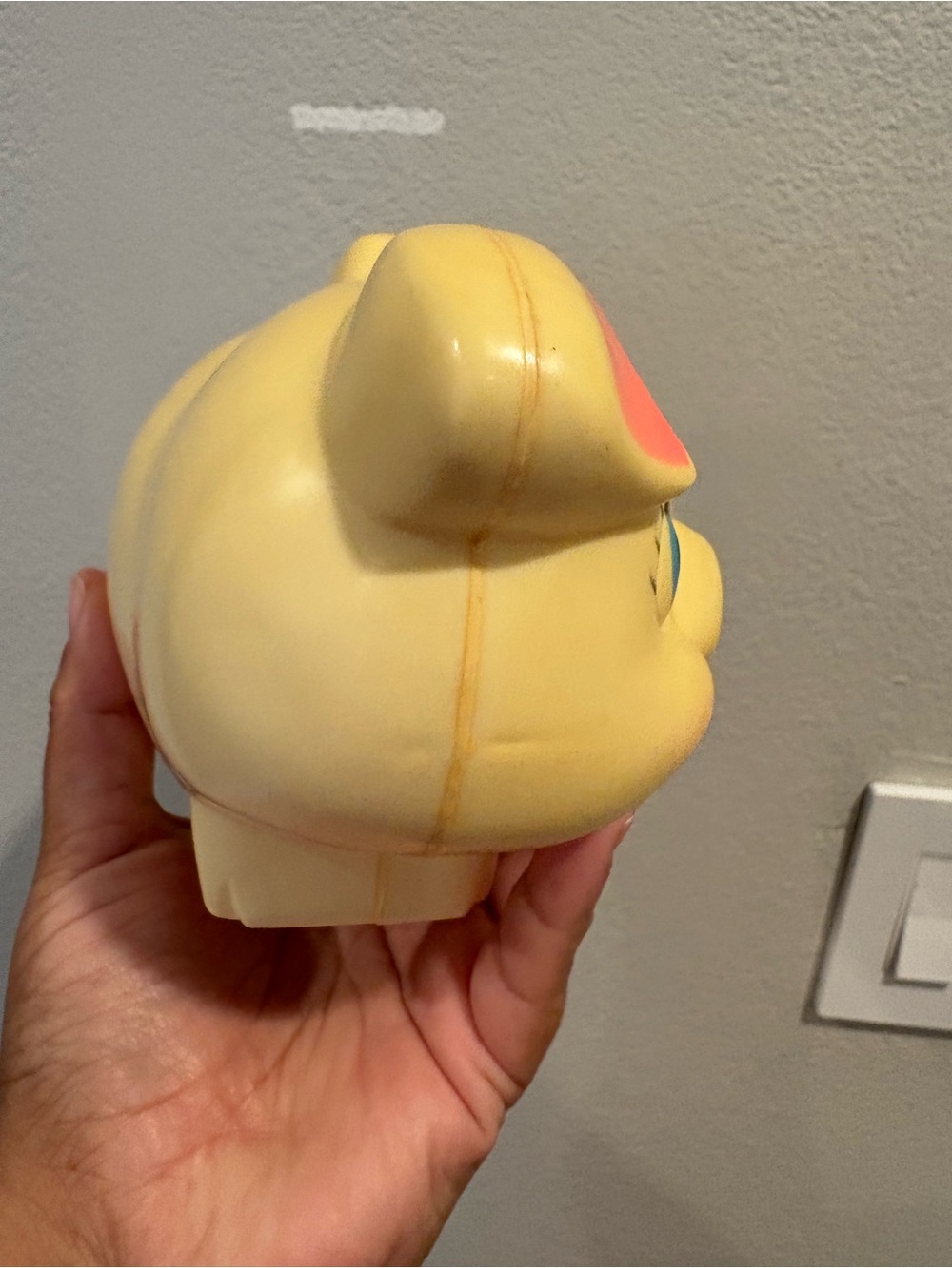 Vintage 1977 Sanitoy Yellow Plastic Piggy Bank Hand Painted Bright Colors - Picture 7 of 10